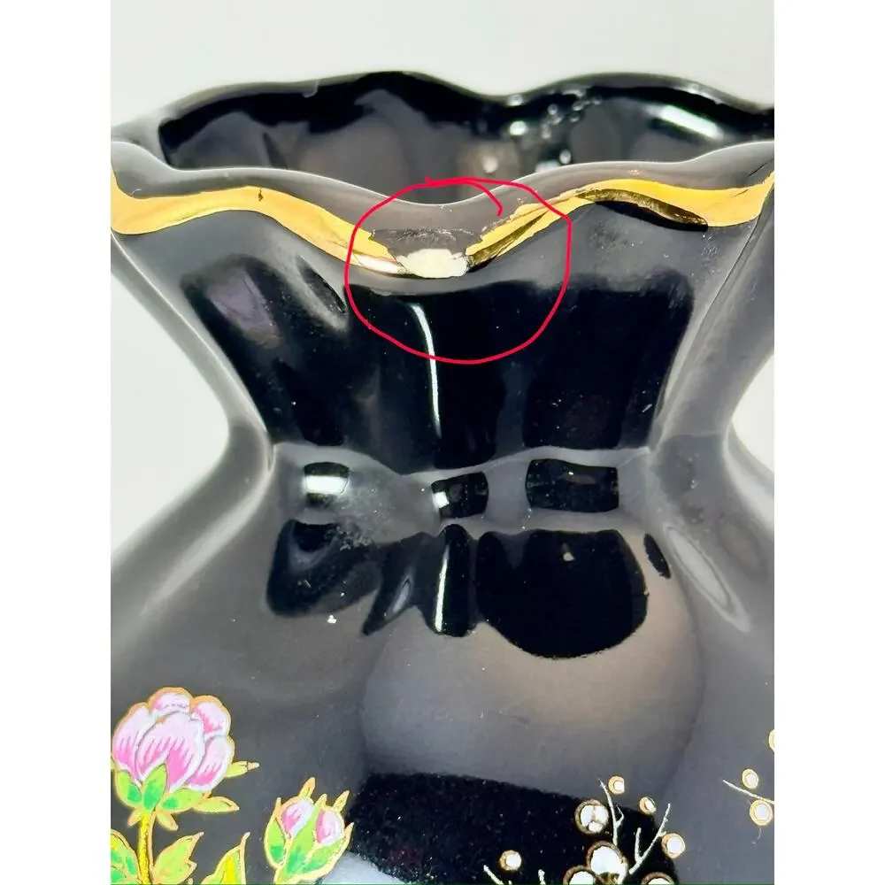 Vintage Bijutsu Toki Japan Black Floral Vase Gold Trim Flower Cart 5.25”